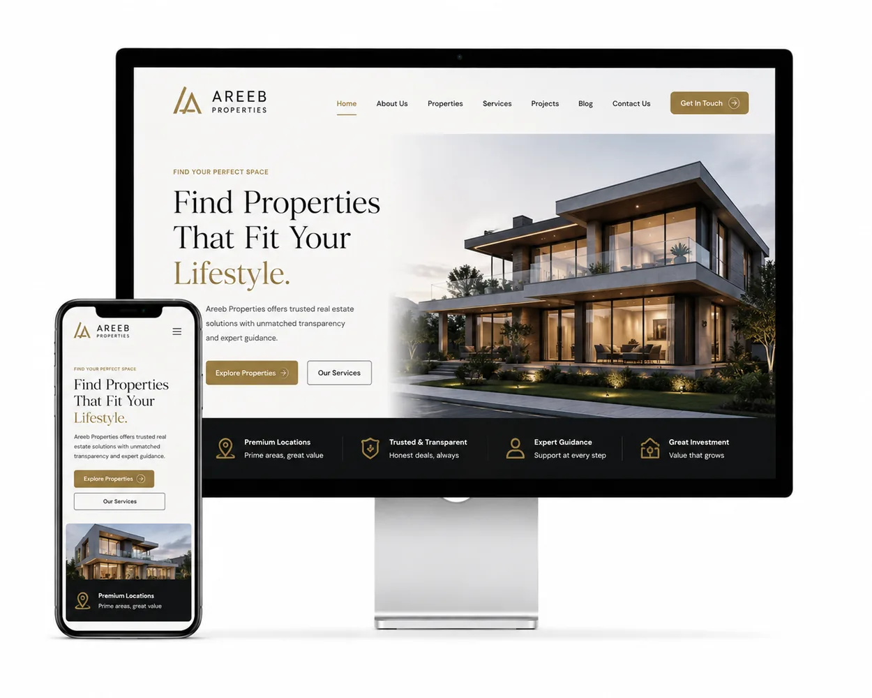 Areeb Properties concept website mockup